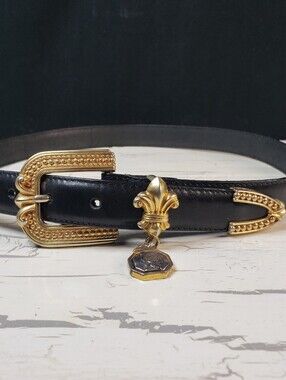 Brighton Vintage Black Calfskin Belt w/ Fleur-de-lis Buckle- Women's Medium (29)